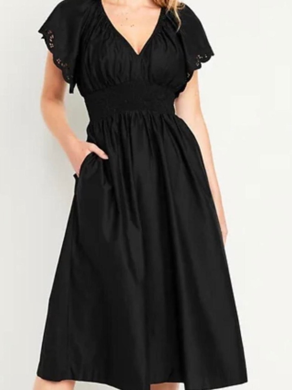 Old Navy Black Smocked Midi Dress with Flutter Sleeves